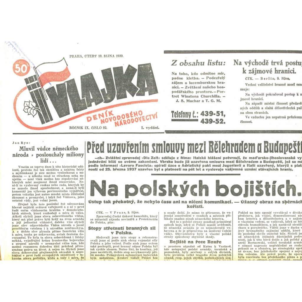 Vlajka, ročník IX., číslo 92/1939. Deník nového národovectví (noviny, kolaborace, Protektorát)