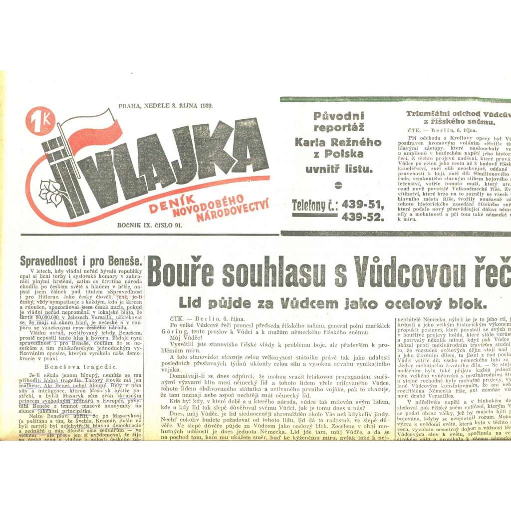 Vlajka, ročník IX., číslo 91/1939. Deník nového národovectví (noviny, kolaborace, Protektorát)