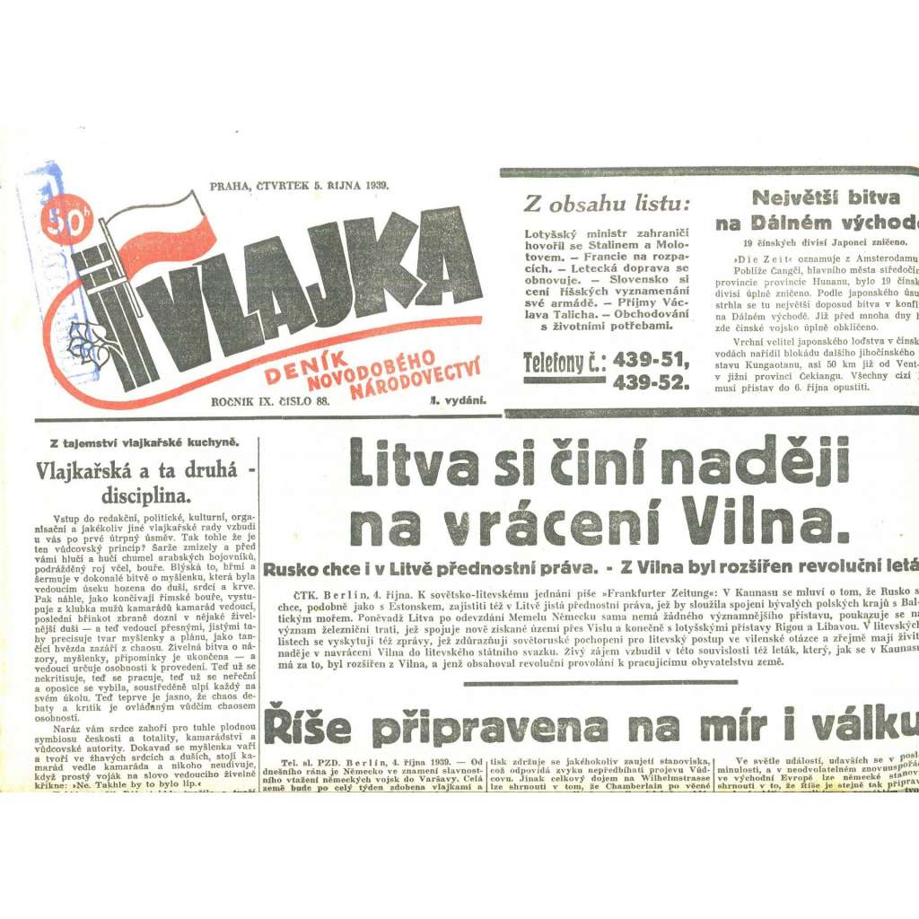 Vlajka, ročník IX., číslo 88/1939. Deník nového národovectví (noviny, kolaborace, Protektorát)