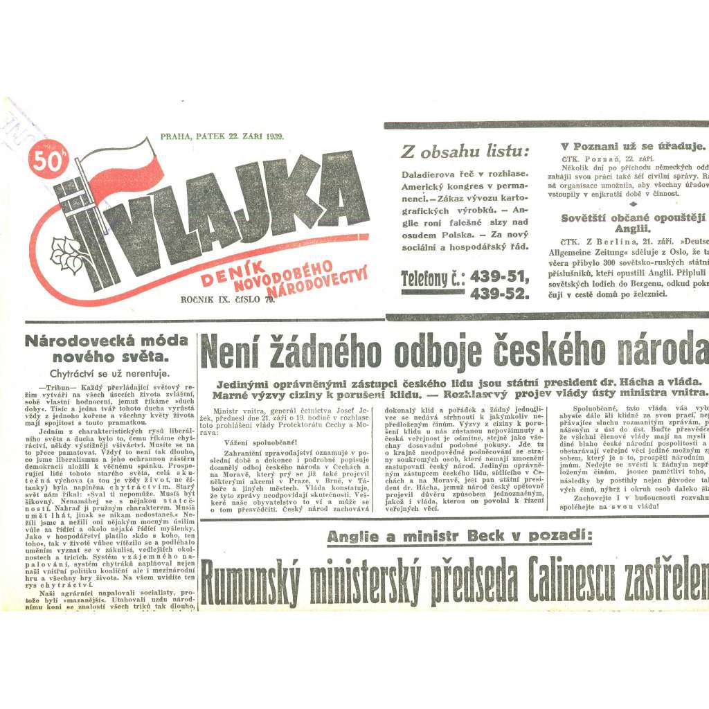 Vlajka, ročník IX., číslo 79/1939. Deník nového národovectví (noviny, kolaborace, Protektorát)