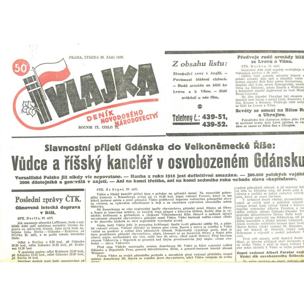 Vlajka, ročník IX., číslo 79/1939. Deník nového národovectví (noviny, kolaborace, Protektorát)