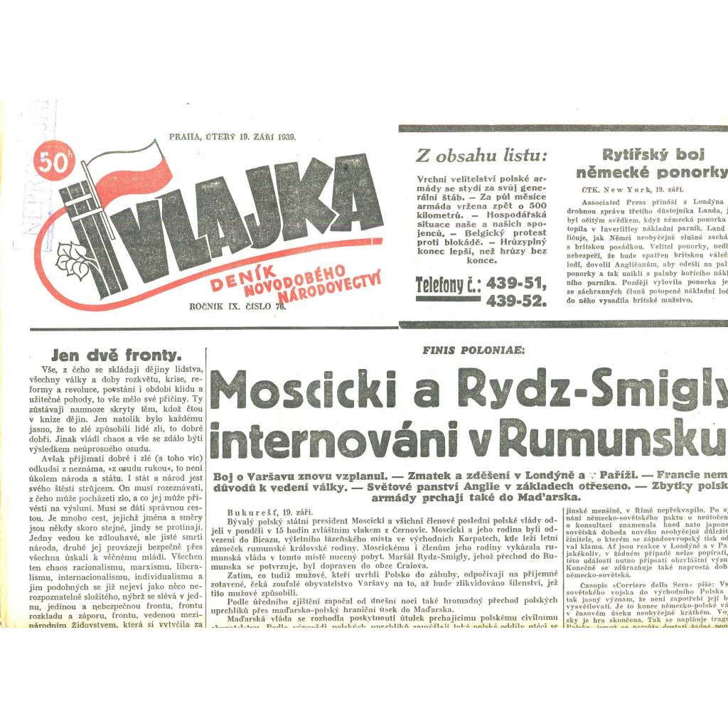 Vlajka, ročník IX., číslo 76/1939. Deník nového národovectví (noviny, kolaborace, Protektorát)