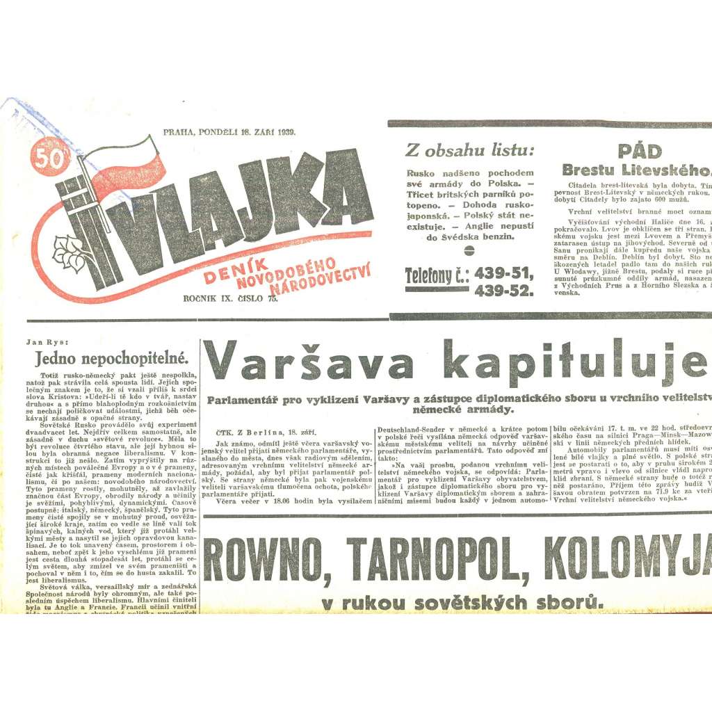 Vlajka, ročník IX., číslo 75/1939. Deník nového národovectví (noviny, kolaborace, Protektorát)