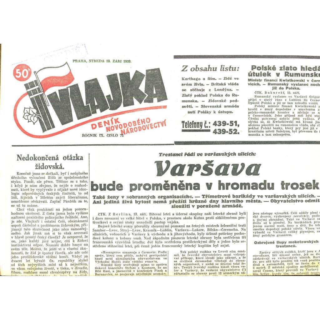Vlajka, ročník IX., číslo 71/1939. Deník nového národovectví (noviny, kolaborace, Protektorát)