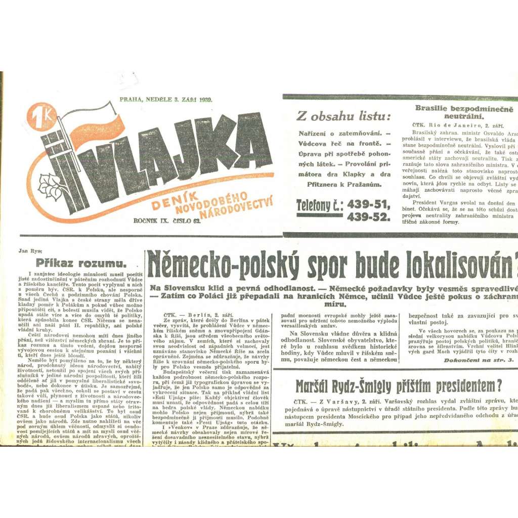 Vlajka, ročník IX., číslo 62/1939. Deník nového národovectví (noviny, kolaborace, Protektorát)