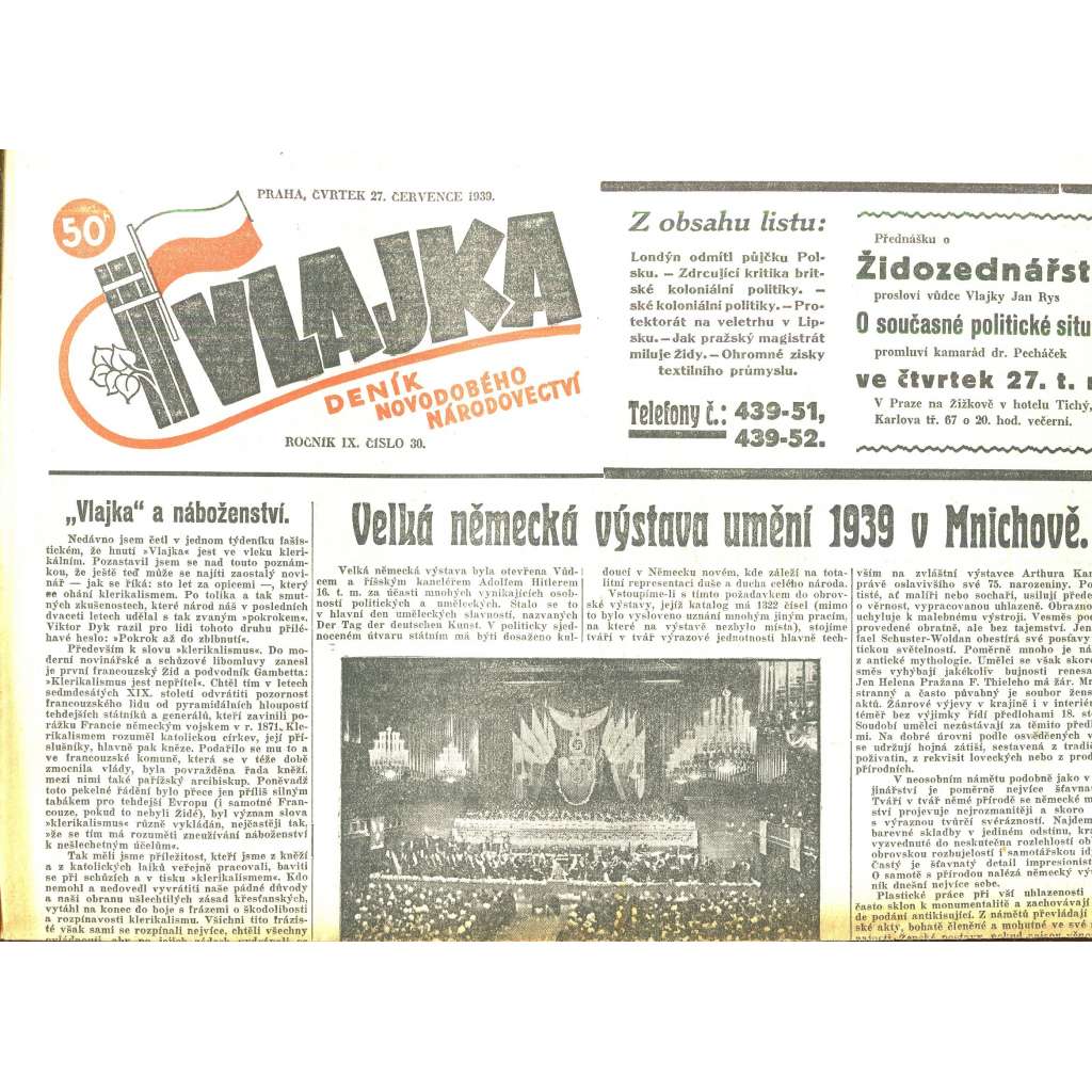 Vlajka, ročník IX., číslo 30/1939. Deník nového národovectví (noviny, kolaborace, Protektorát)