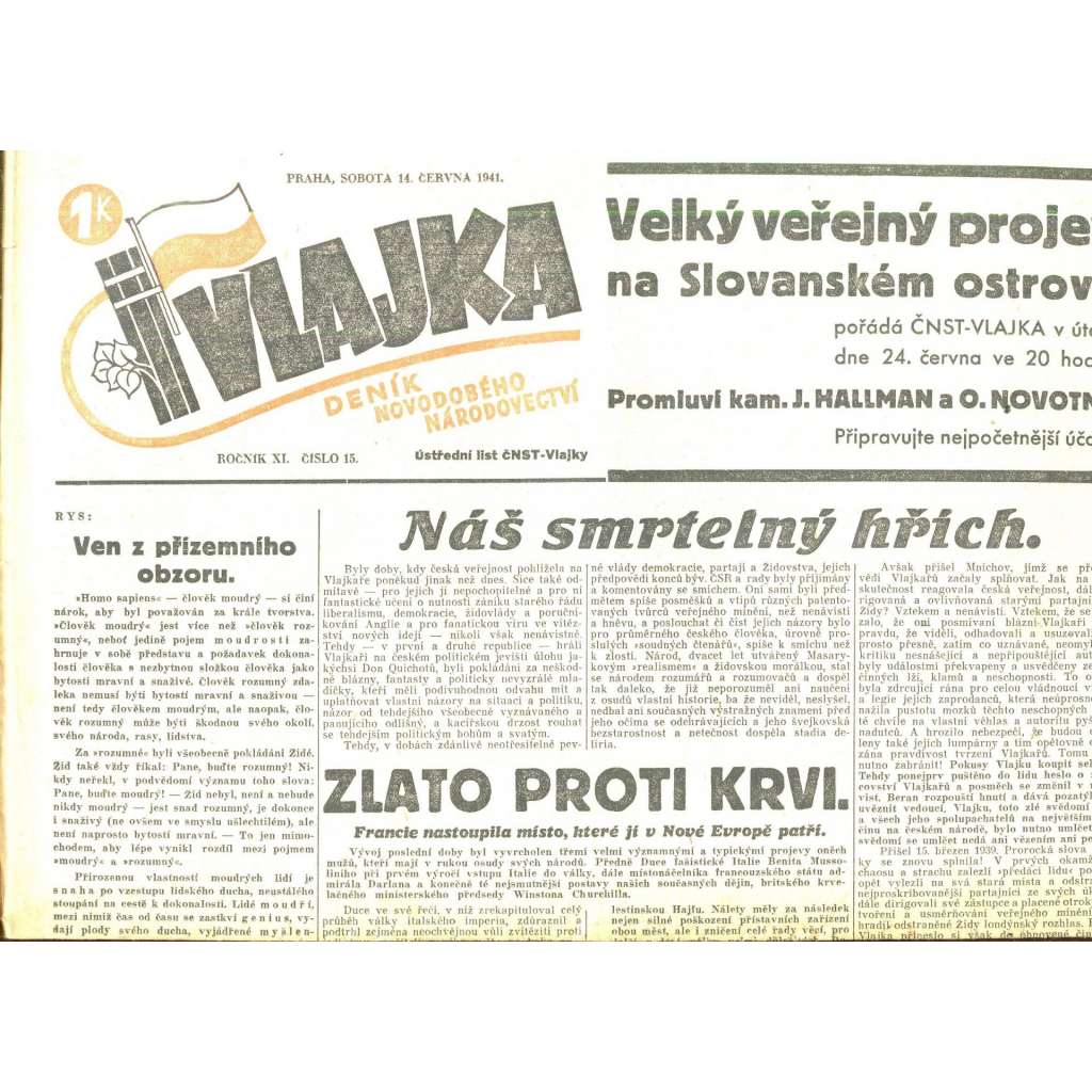 Vlajka, ročník XI., číslo 15/1941. Deník nového národovectví (noviny, kolaborace, Protektorát)