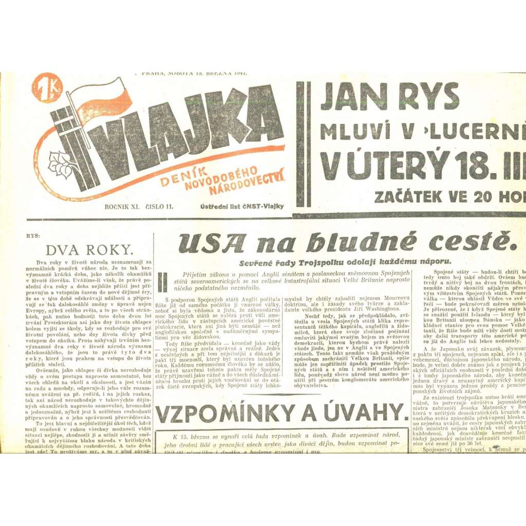 Vlajka, ročník XI., číslo 11/1941. Deník nového národovectví (noviny, kolaborace, Protektorát)