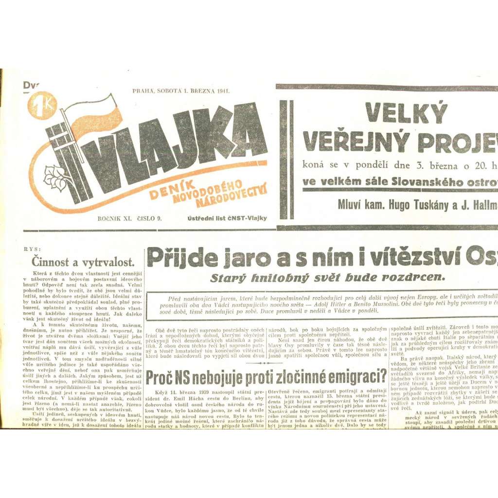 Vlajka, ročník XI., číslo 9/1941. Deník nového národovectví (noviny, kolaborace, Protektorát)