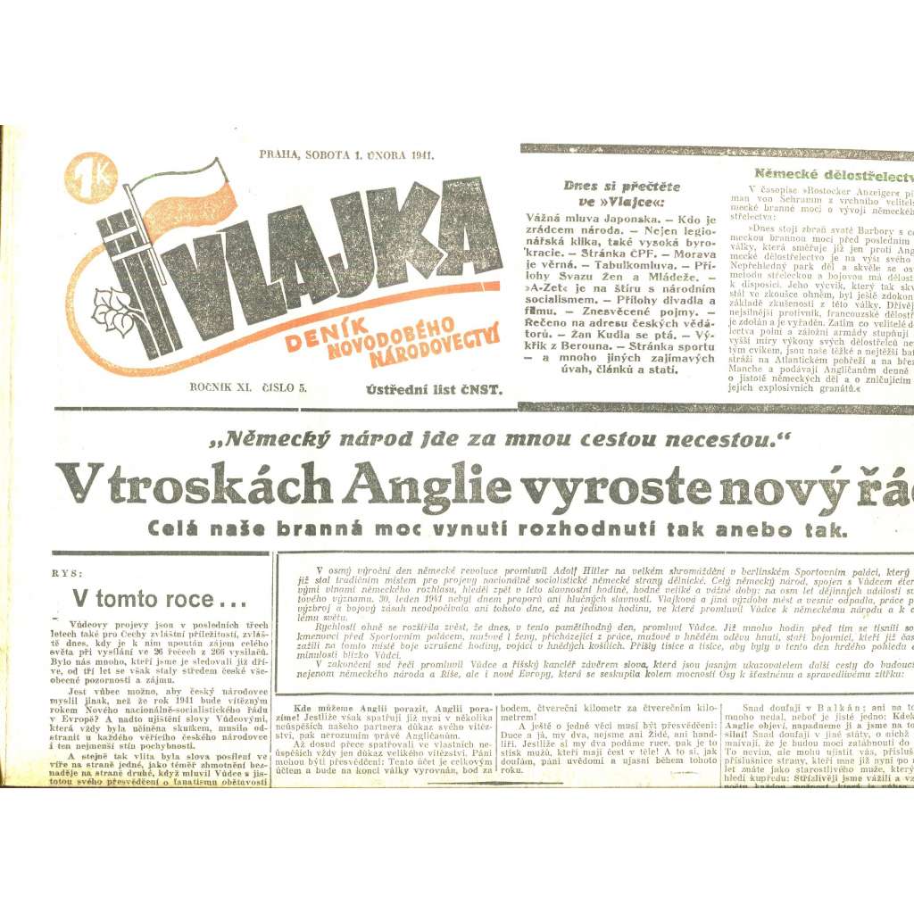 Vlajka, ročník XI., číslo 5/1941. Deník nového národovectví (noviny, kolaborace, Protektorát)