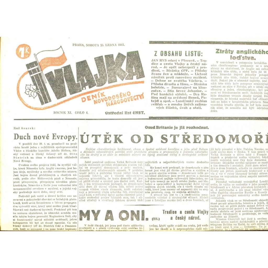 Vlajka, ročník XI., číslo 4/1941. Deník nového národovectví (noviny, kolaborace, Protektorát)