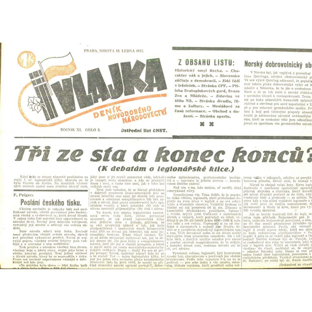 Vlajka, ročník XI., číslo 3/1941. Deník nového národovectví (noviny, kolaborace, Protektorát)