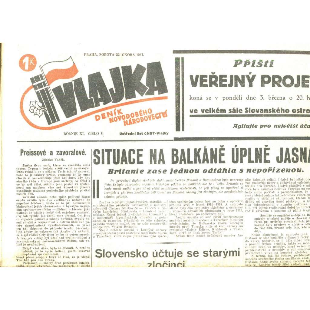 Vlajka, ročník XI., číslo 8/1941. Deník nového národovectví (noviny, kolaborace, Protektorát)