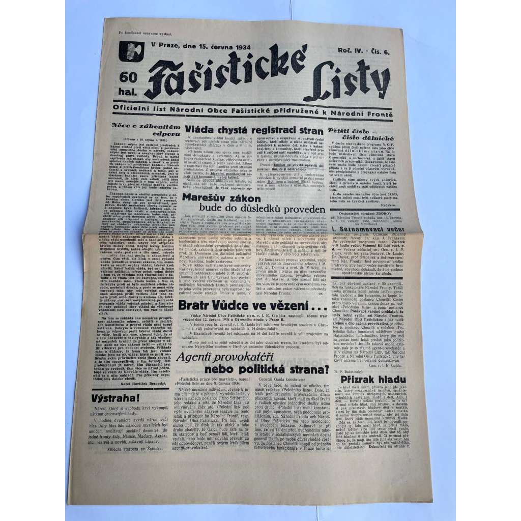 Fašistické listy, ročník IV., číslo 6/1934. Oficielní list Národní obce fašistické (noviny, pravicová literatura, 1. republika)
