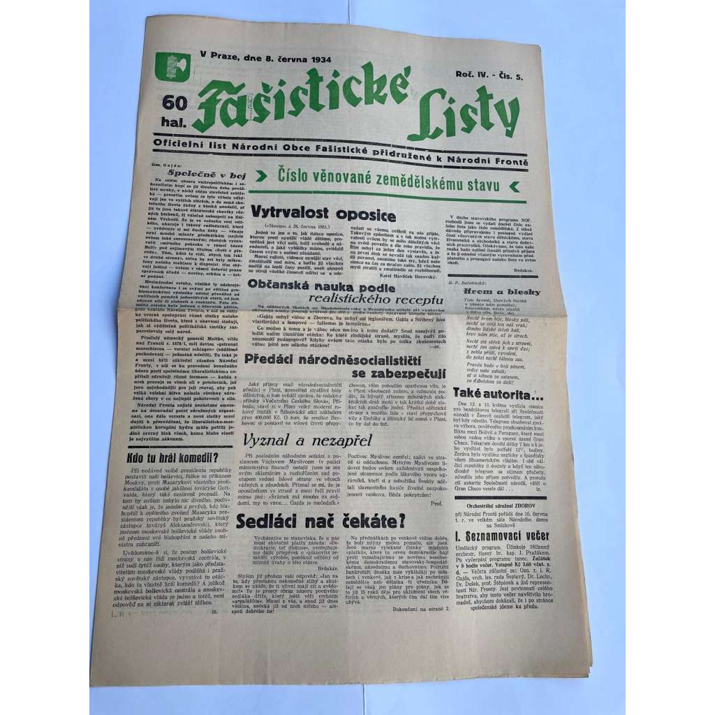 Fašistické listy, ročník IV., číslo 5/1934. Oficielní list Národní obce fašistické (noviny, pravicová literatura, 1. republika)