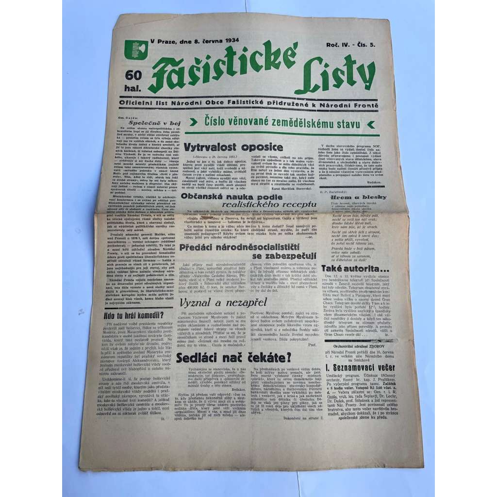 Fašistické listy, ročník IV., číslo 5/1934. Oficielní list Národní obce fašistické (noviny, pravicová literatura, 1. republika)