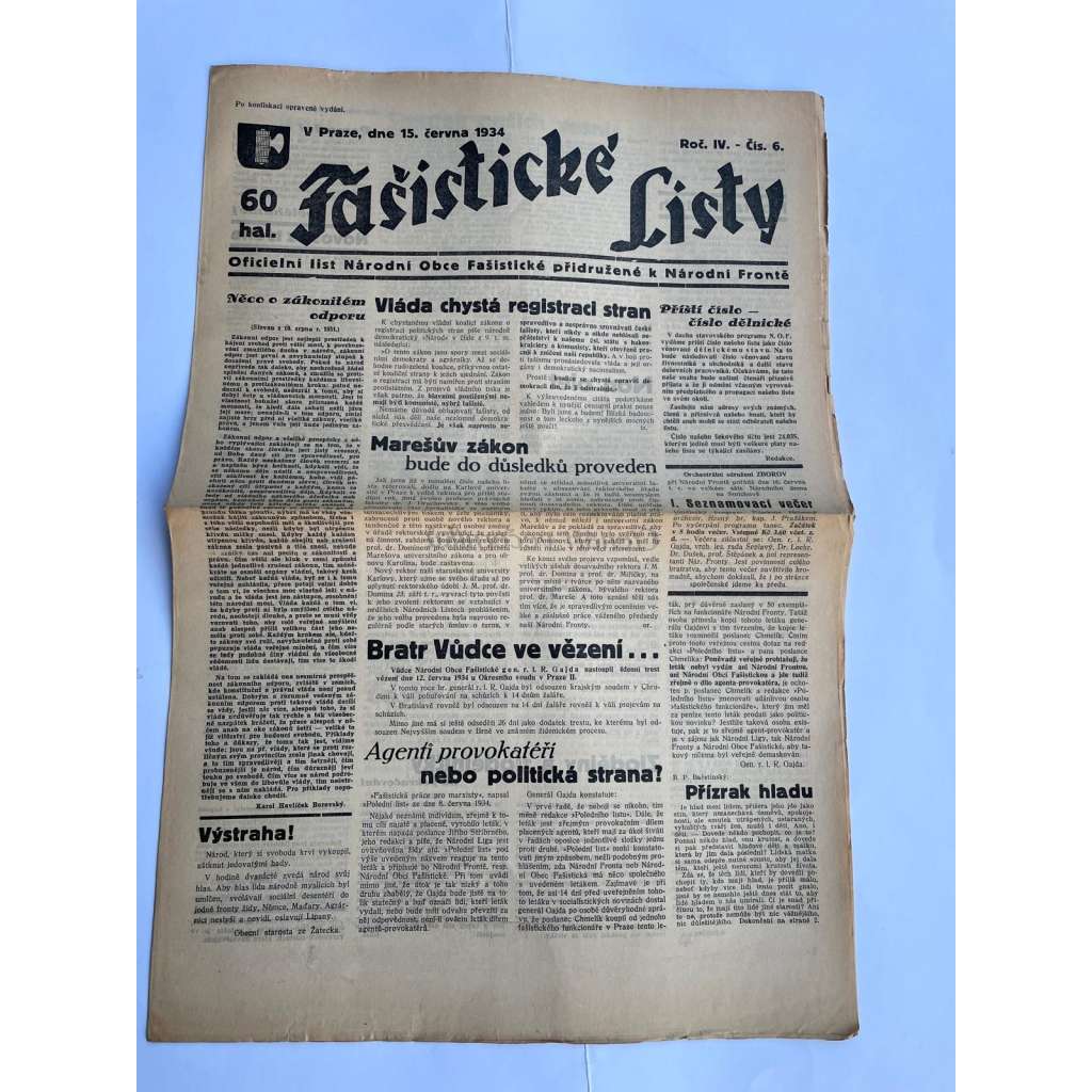 Fašistické listy, ročník IV., číslo 6/1934. Oficielní list Národní obce fašistické (noviny, pravicová literatura, 1. republika)