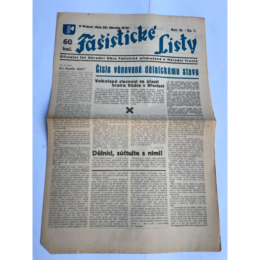 Fašistické listy, ročník IV., číslo 7/1934. Oficielní list Národní obce fašistické (noviny, pravicová literatura, 1. republika)