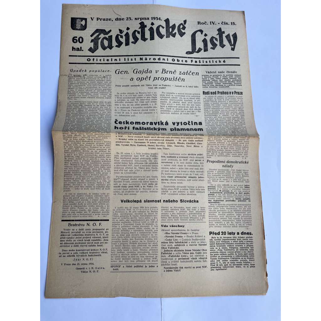 Fašistické listy, ročník IV., číslo 15/1934. Oficielní list Národní obce fašistické (noviny, pravicová literatura, 1. republika)