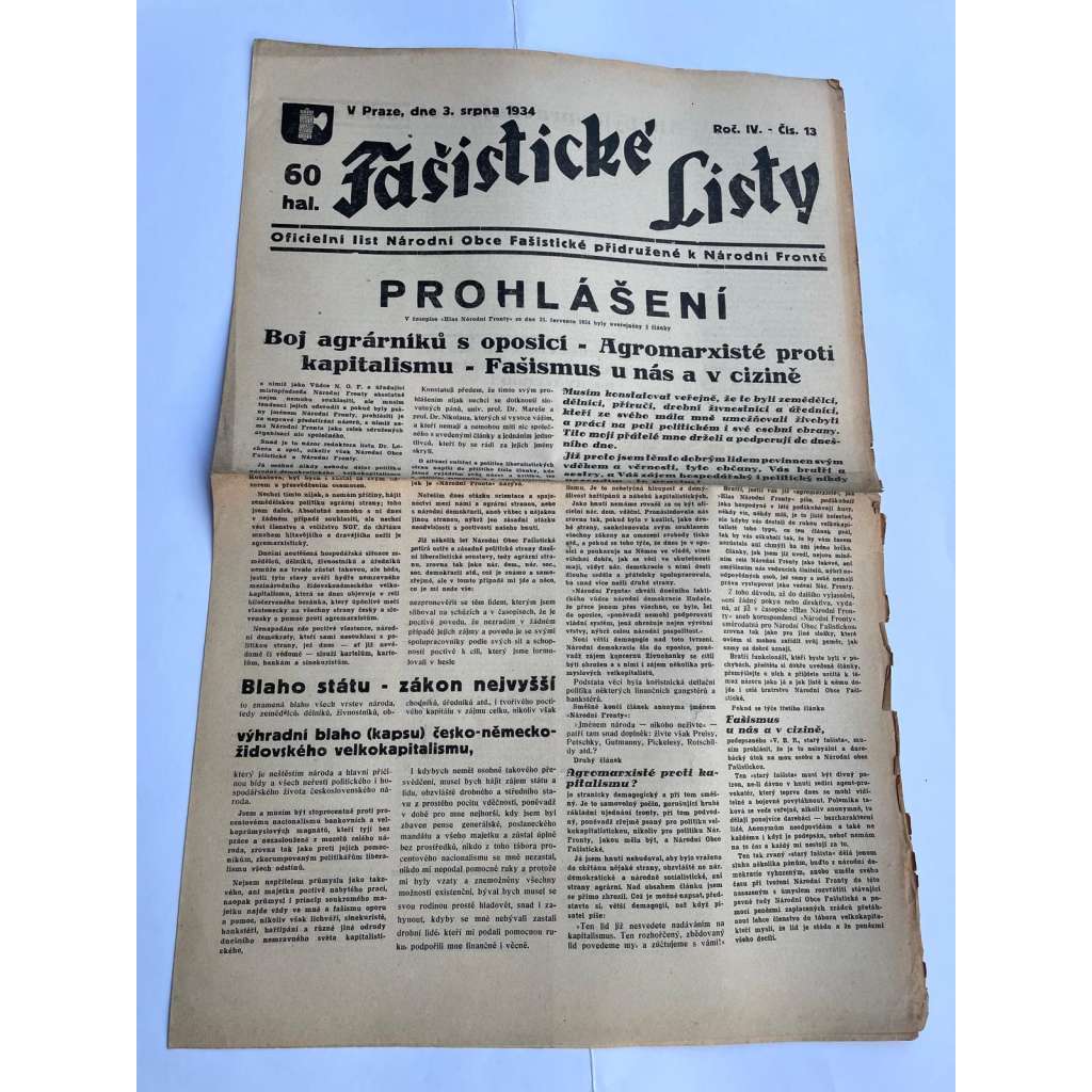 Fašistické listy, ročník IV., číslo 13/1934. Oficielní list Národní obce fašistické (noviny, pravicová literatura, 1. republika)