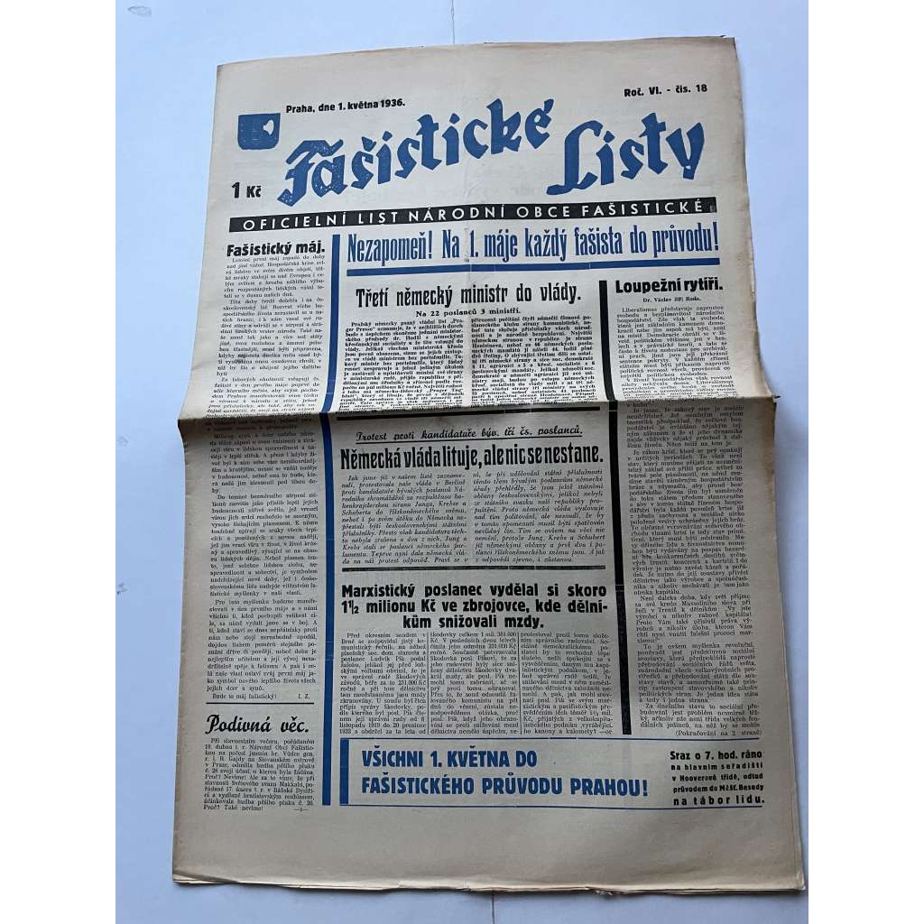 Fašistické listy, ročník VI., číslo 18/1936. Oficielní list Národní obce fašistické (noviny, pravicová literatura, 1. republika)