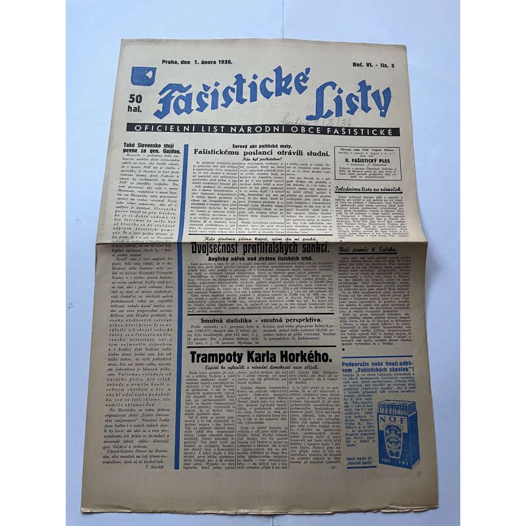 Fašistické listy, ročník VI., číslo 5/1936. Oficielní list Národní obce fašistické (noviny, pravicová literatura, 1. republika)