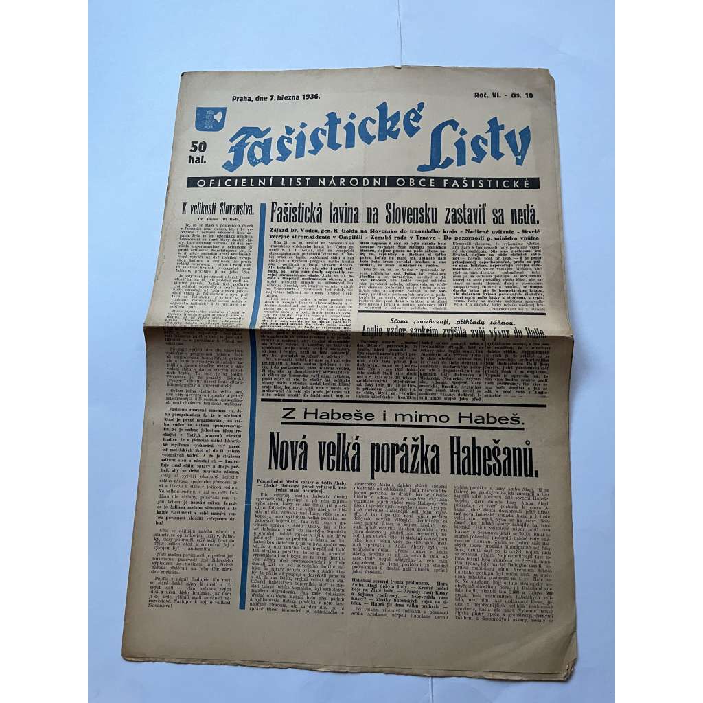 Fašistické listy, ročník VI., číslo 10/1936. Oficielní list Národní obce fašistické (noviny, pravicová literatura, 1. republika)