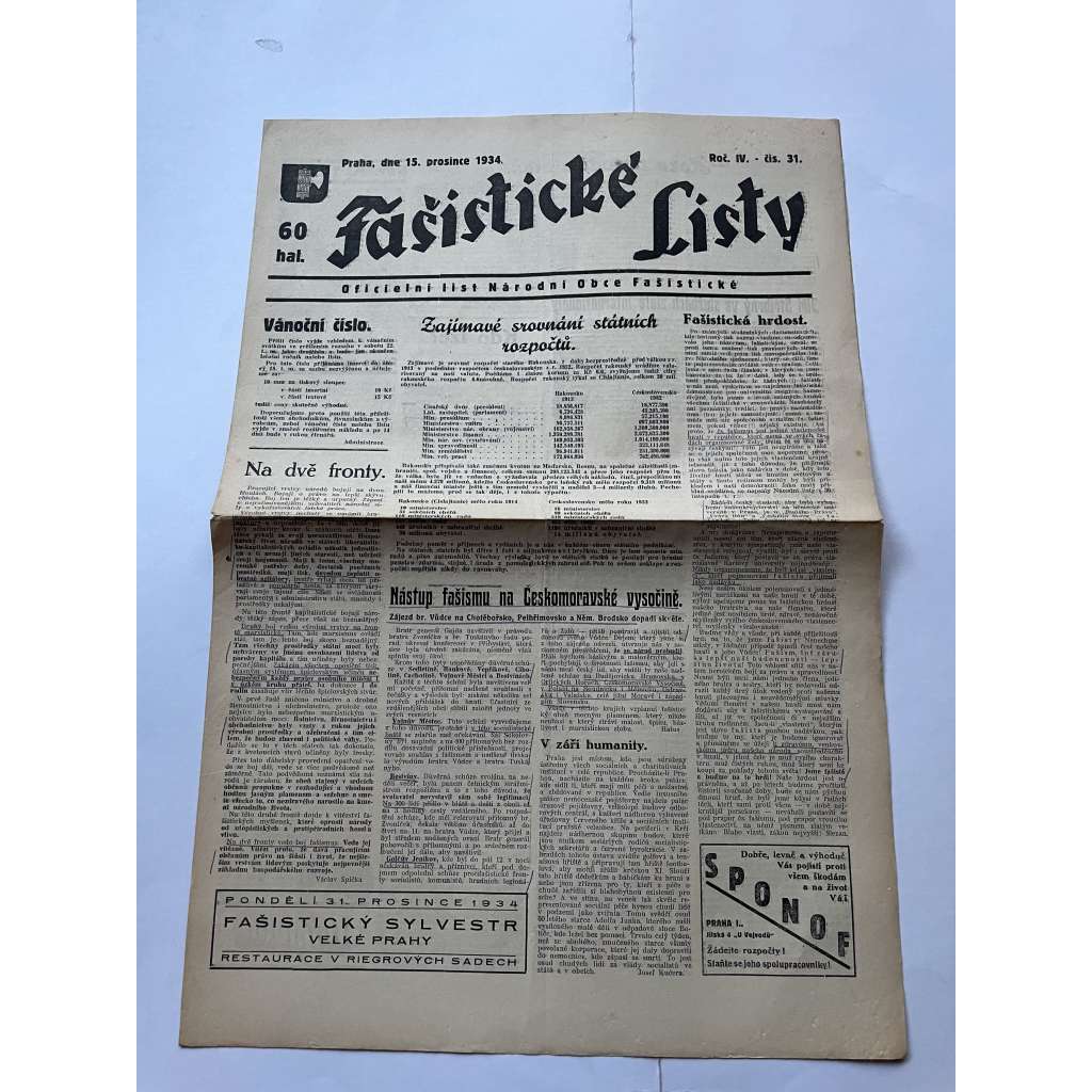 Fašistické listy, ročník IV., číslo 31/1934. Oficielní list Národní obce fašistické (noviny, pravicová literatura, 1. republika)