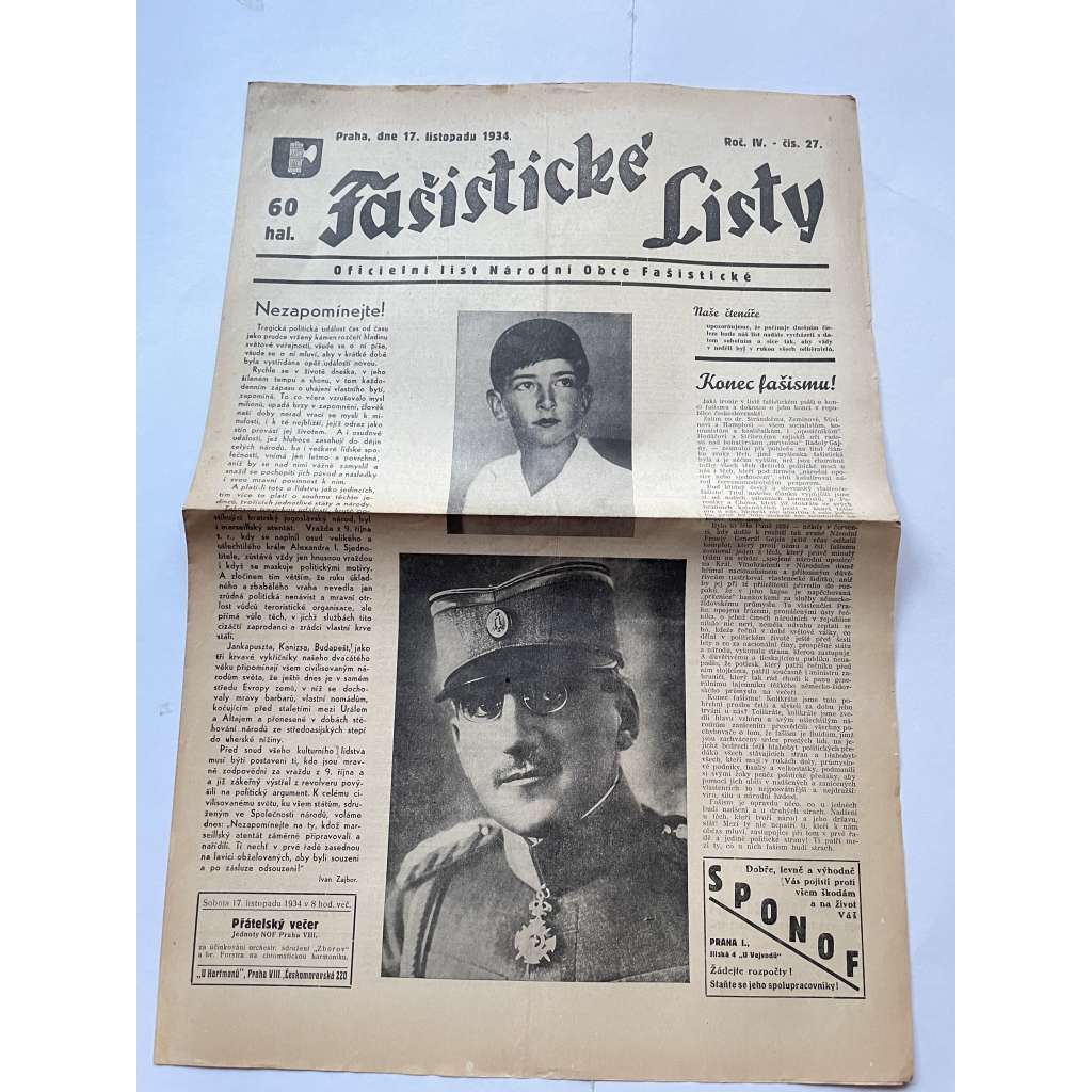 Fašistické listy, ročník IV., číslo 27/1934. Oficielní list Národní obce fašistické (noviny, pravicová literatura, 1. republika)