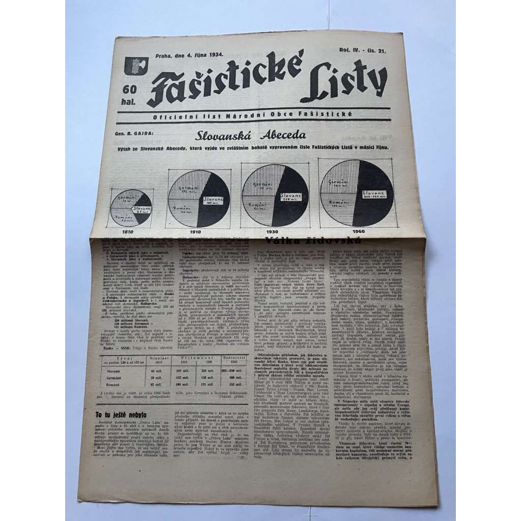 Fašistické listy, ročník IV., číslo 21/1934. Oficielní list Národní obce fašistické (noviny, pravicová literatura, 1. republika)