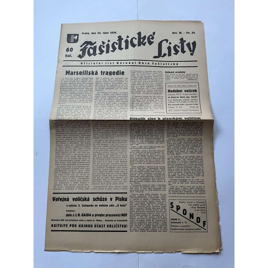 Fašistické listy, ročník IV., číslo 24/1934. Oficielní list Národní obce fašistické (noviny, pravicová literatura, 1. republika)
