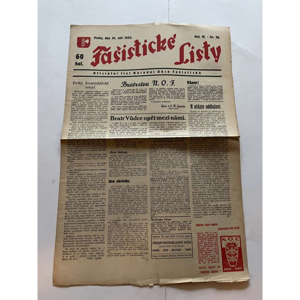 Fašistické listy, ročník IV., číslo 20/1934. Oficielní list Národní obce fašistické (noviny, pravicová literatura, 1. republika)
