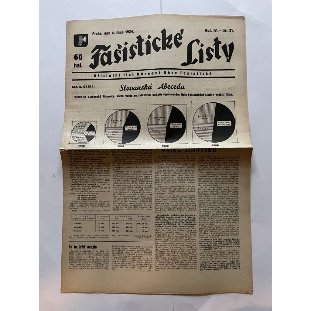 Fašistické listy, ročník IV., číslo 21/1934. Oficielní list Národní obce fašistické (noviny, pravicová literatura, 1. republika)