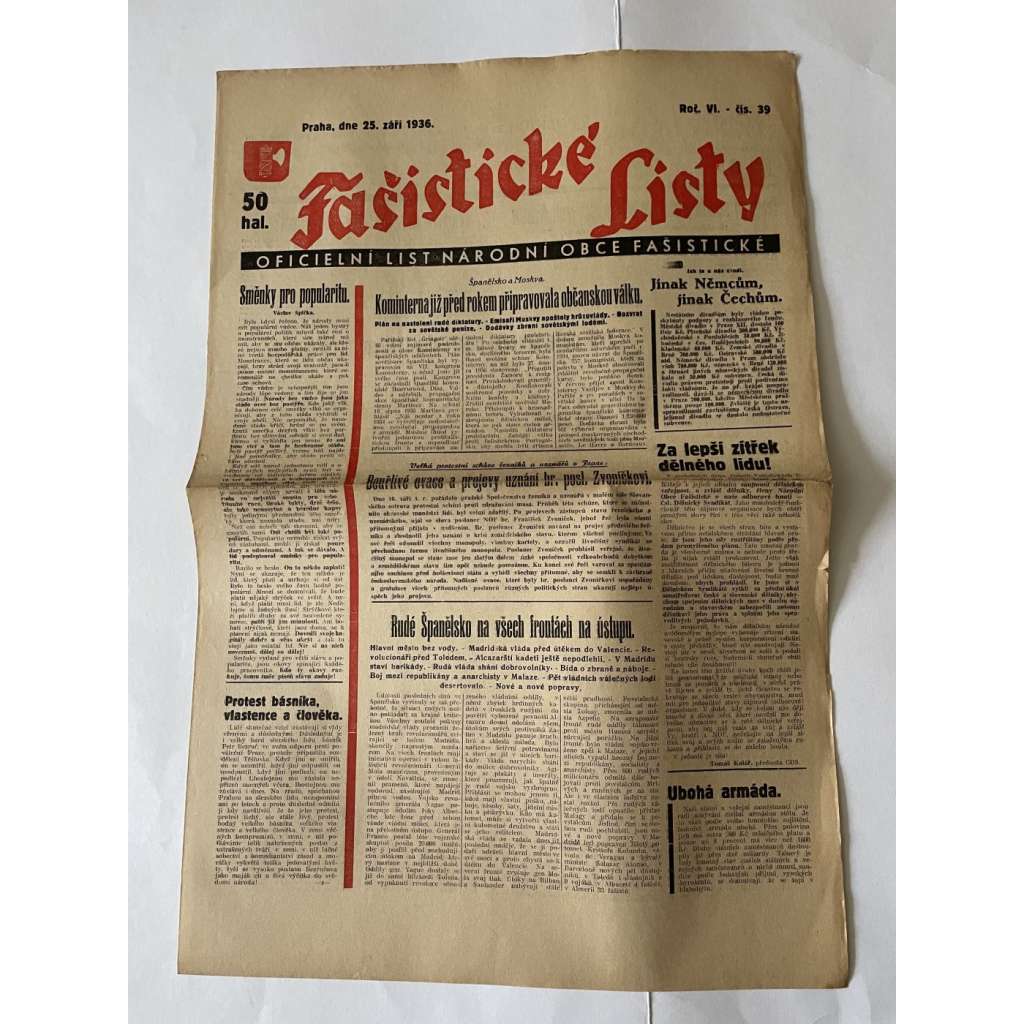 Fašistické listy, ročník VI., číslo 39/1936. Oficielní list Národní obce fašistické (noviny, pravicová literatura, 1. republika)