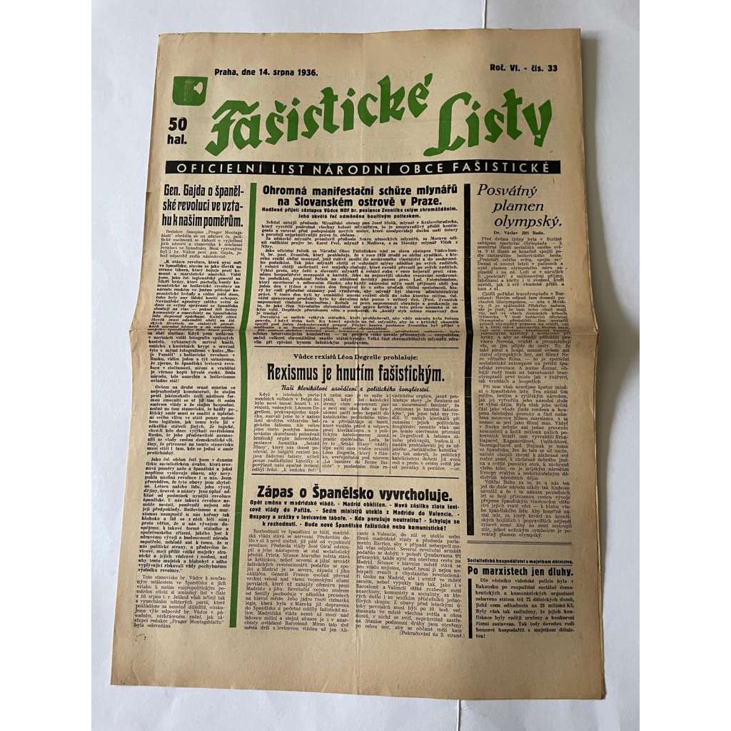 Fašistické listy, ročník VI., číslo 33/1936. Oficielní list Národní obce fašistické (noviny, pravicová literatura, 1. republika)