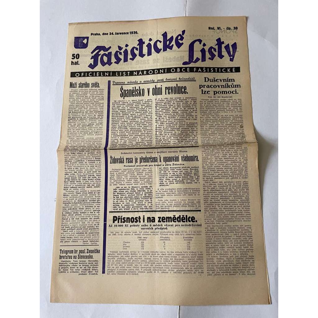 Fašistické listy, ročník VI., číslo 30/1936. Oficielní list Národní obce fašistické (noviny, pravicová literatura, 1. republika)