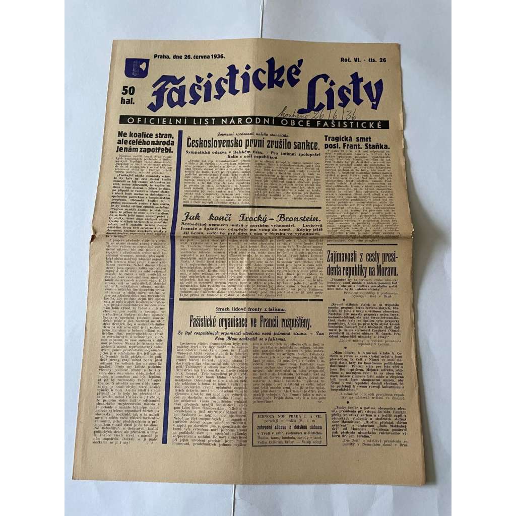 Fašistické listy, ročník VI., číslo 26/1936. Oficielní list Národní obce fašistické (noviny, pravicová literatura, 1. republika)