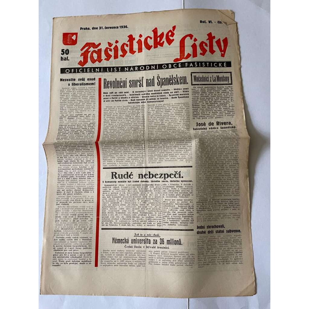 Fašistické listy, ročník VI., číslo 31/1936. Oficielní list Národní obce fašistické (noviny, pravicová literatura, 1. republika)