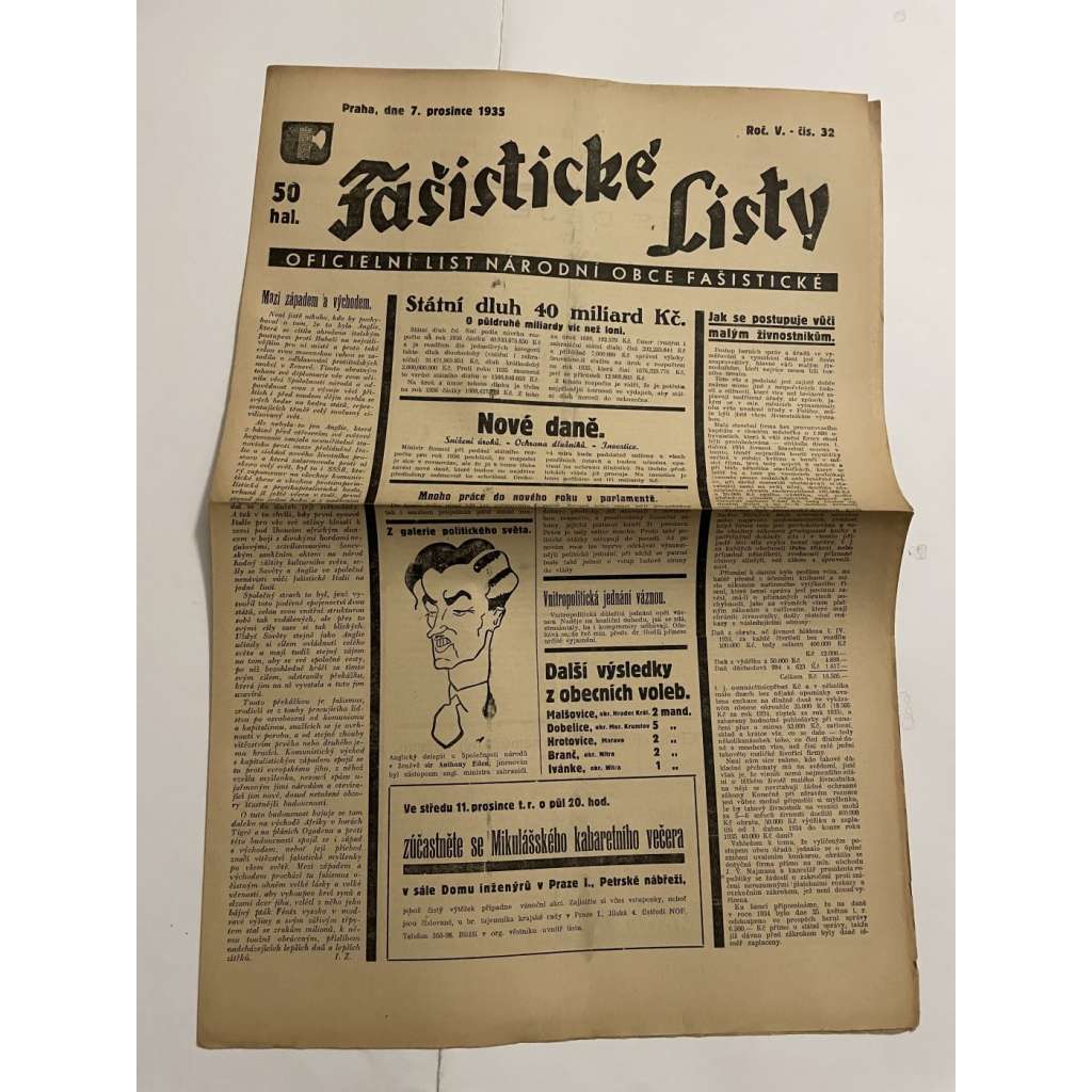 Fašistické listy, ročník V., číslo 32/1935. Oficielní list Národní obce fašistické (noviny, pravicová literatura, 1. republika)