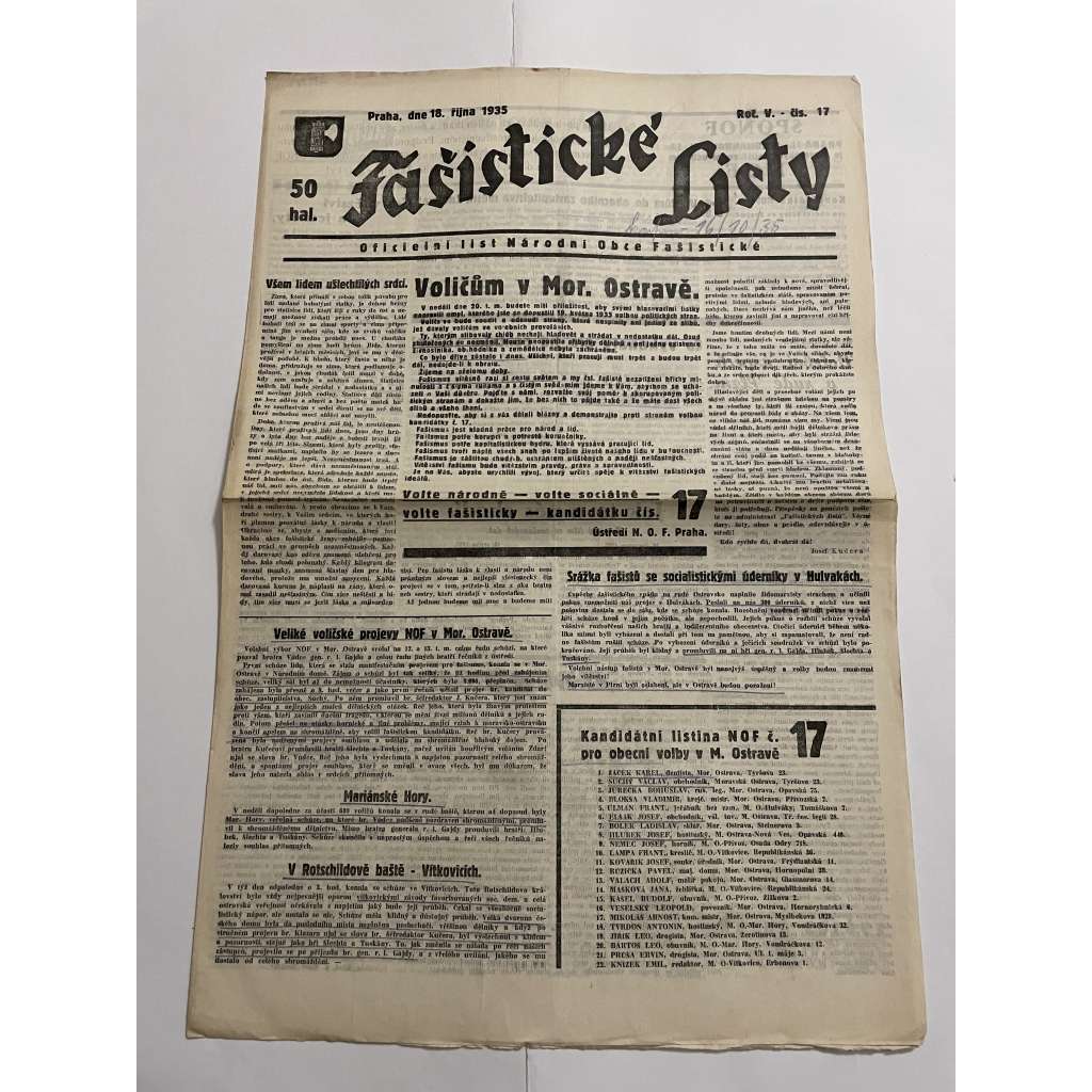 Fašistické listy, ročník V., číslo 17/1935. Oficielní list Národní obce fašistické (noviny, pravicová literatura, 1. republika)