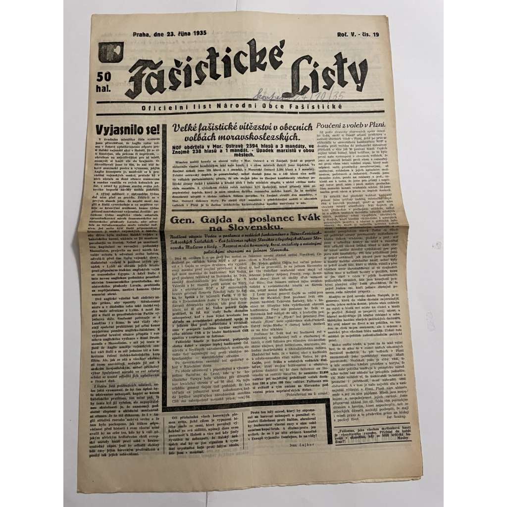 Fašistické listy, ročník V., číslo 19/1935. Oficielní list Národní obce fašistické (noviny, pravicová literatura, 1. republika)