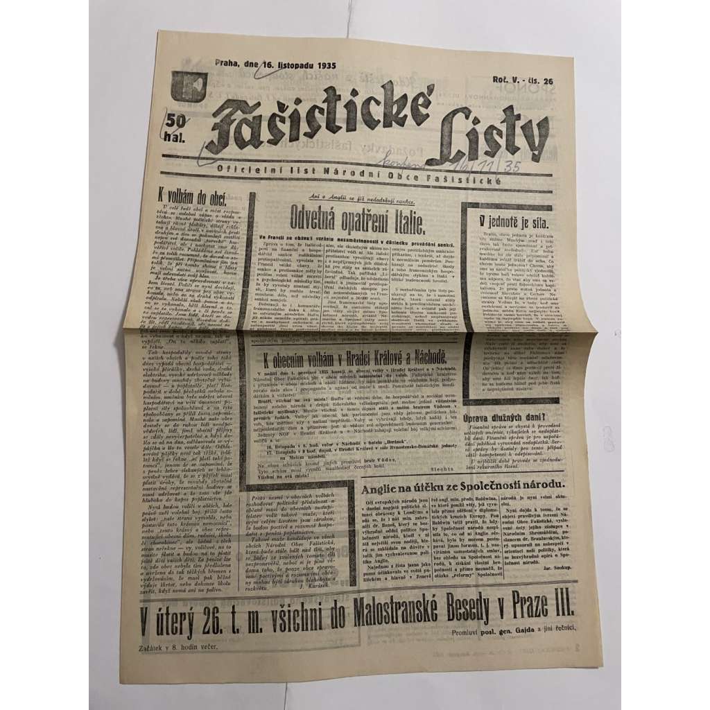 Fašistické listy, ročník V., číslo 26/1935. Oficielní list Národní obce fašistické (noviny, pravicová literatura, 1. republika)