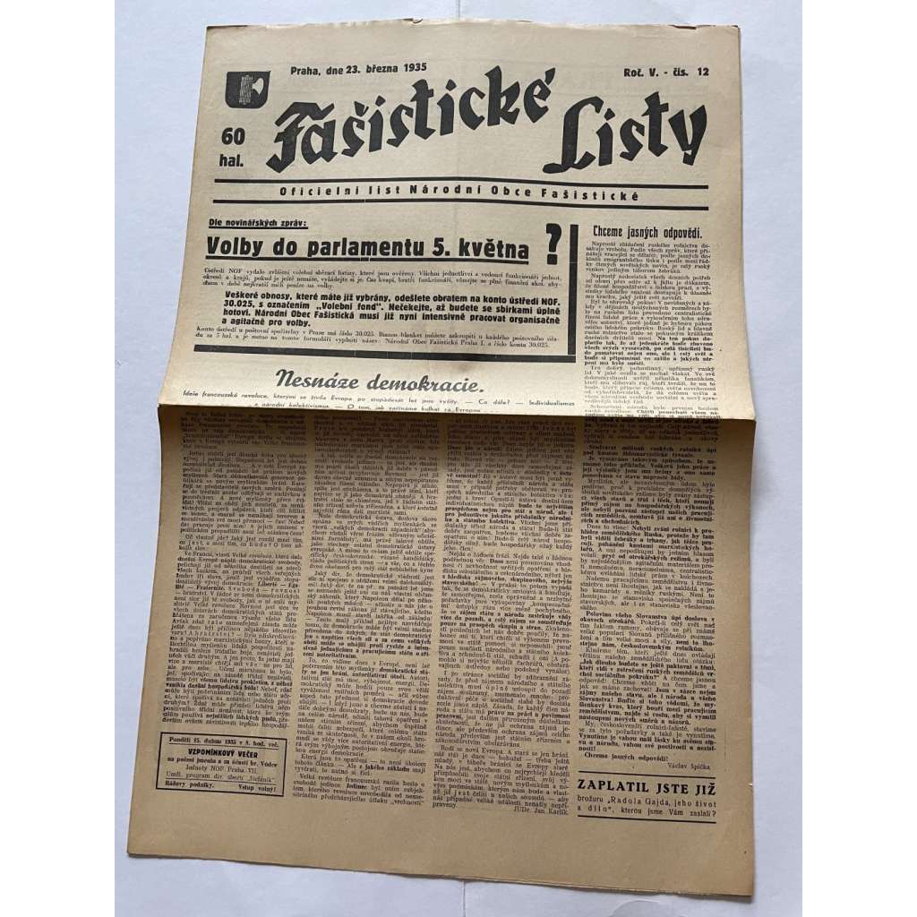 Fašistické listy, ročník V., číslo 12/1935. Oficielní list Národní obce fašistické (noviny, pravicová literatura, 1. republika)