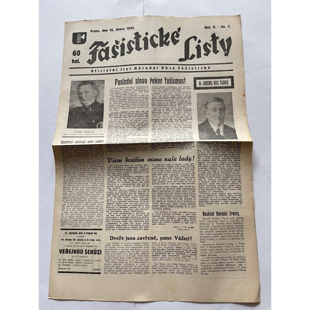 Fašistické listy, ročník V., číslo 7/1935. Oficielní list Národní obce fašistické (noviny, pravicová literatura, 1. republika)