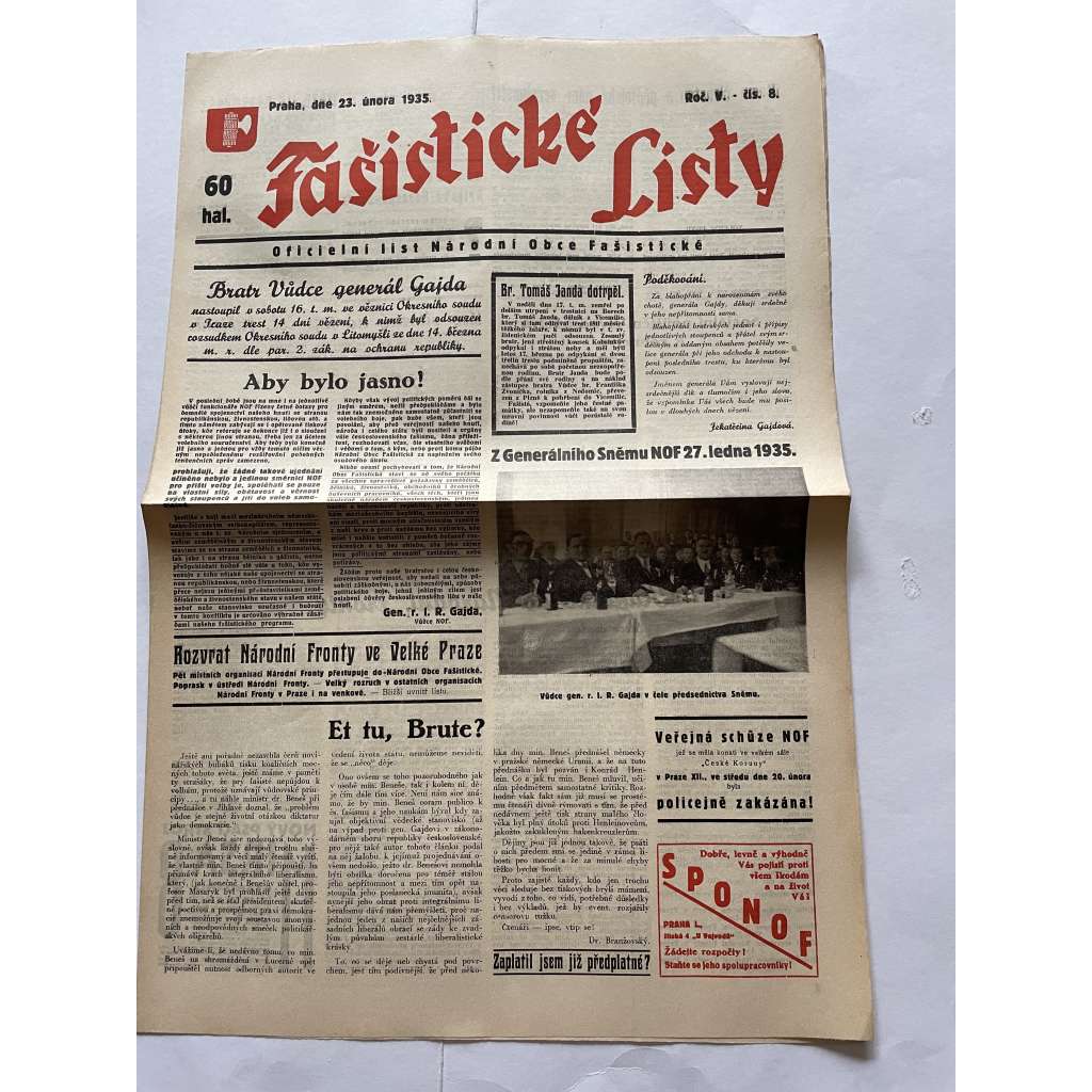 Fašistické listy, ročník V., číslo 8/1935. Oficielní list Národní obce fašistické (noviny, pravicová literatura, 1. republika)