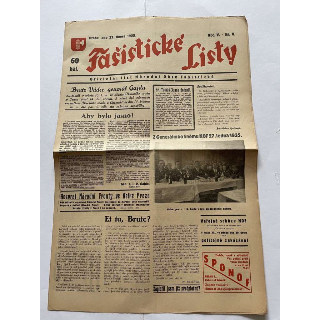 Fašistické listy, ročník V., číslo 8/1935. Oficielní list Národní obce fašistické (noviny, pravicová literatura, 1. republika)