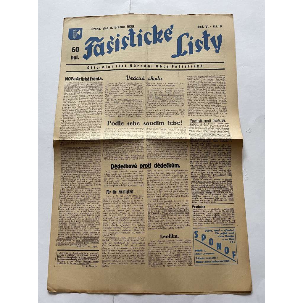 Fašistické listy, ročník V., číslo 9/1935. Oficielní list Národní obce fašistické (noviny, pravicová literatura, 1. republika)