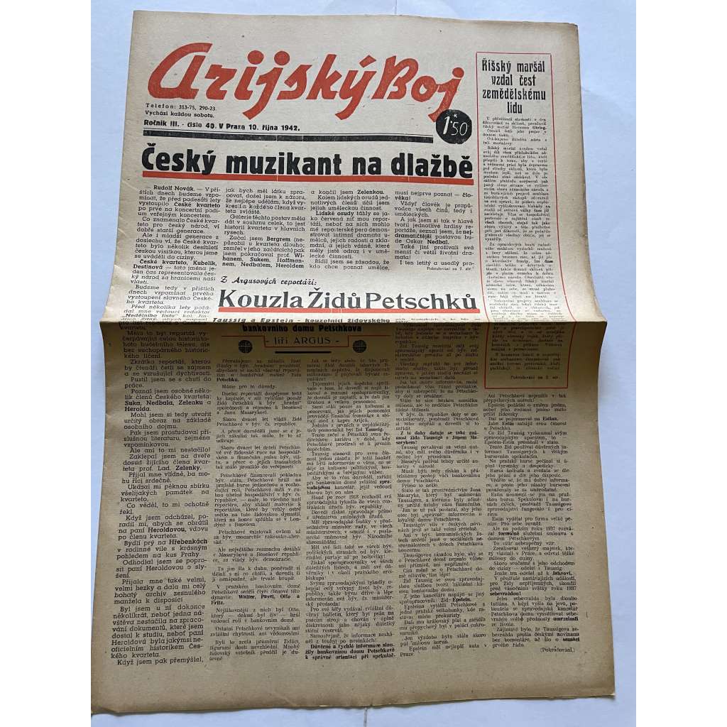 Arijský boj, ročník III., číslo 40/1942 - Ústřední list protižidovské ligy [časopis kolaborantů, nacismus, antisemitismus, protižidovské, Židé]