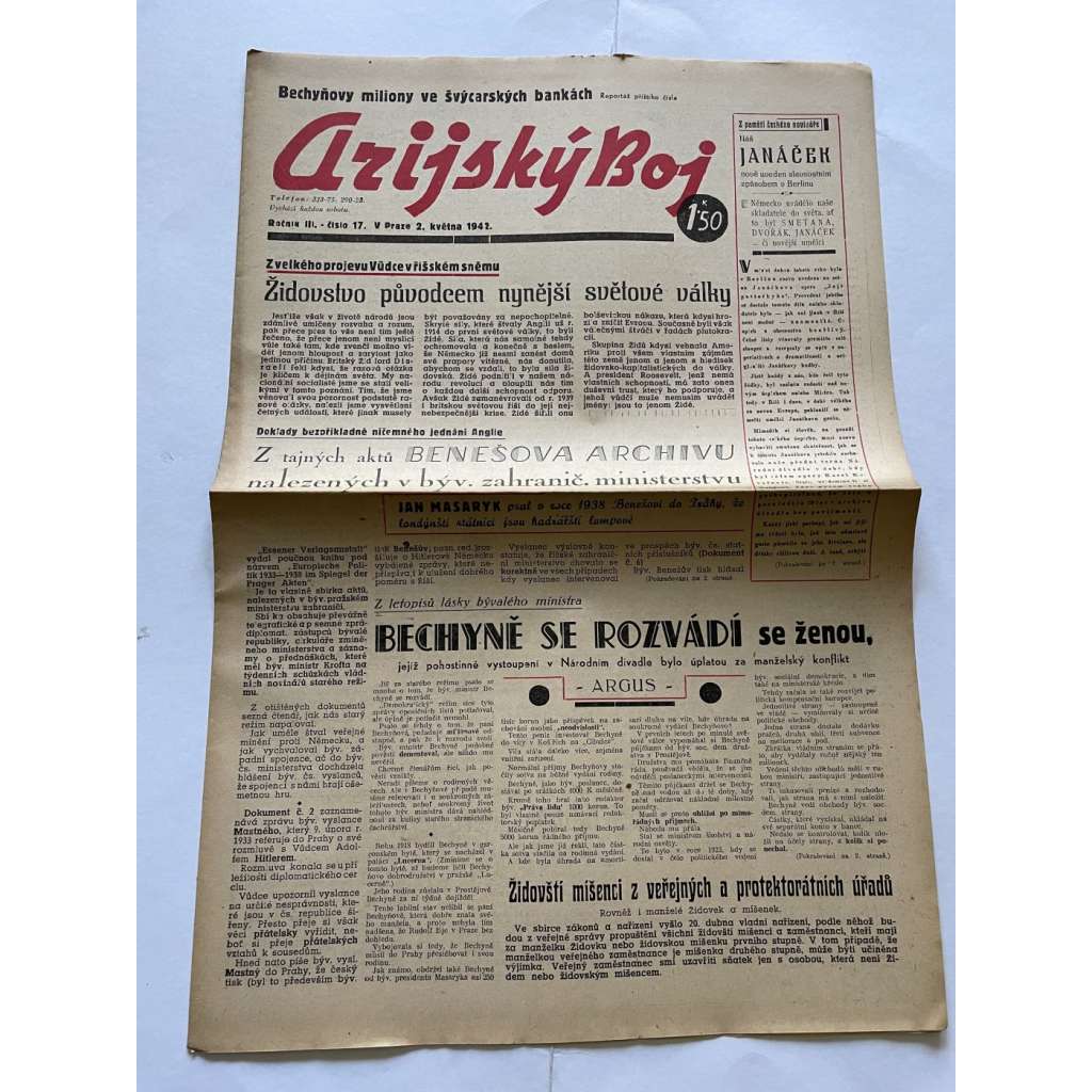 Arijský boj, ročník III., číslo 17/1942 - Ústřední list protižidovské ligy [časopis kolaborantů, nacismus, antisemitismus, protižidovské, Židé]