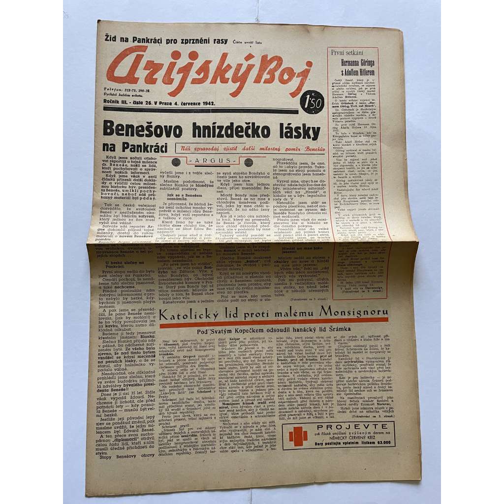 Arijský boj, ročník III., číslo 26/1942 - Ústřední list protižidovské ligy [časopis kolaborantů, nacismus, antisemitismus, protižidovské, Židé]